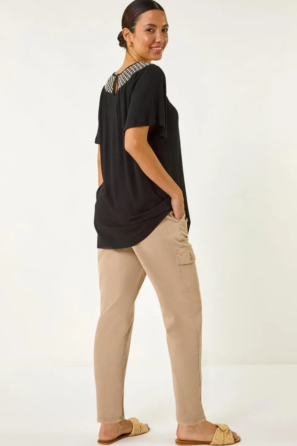 T-Shirts>Roman Black Mono Print Crochet Neck Top
