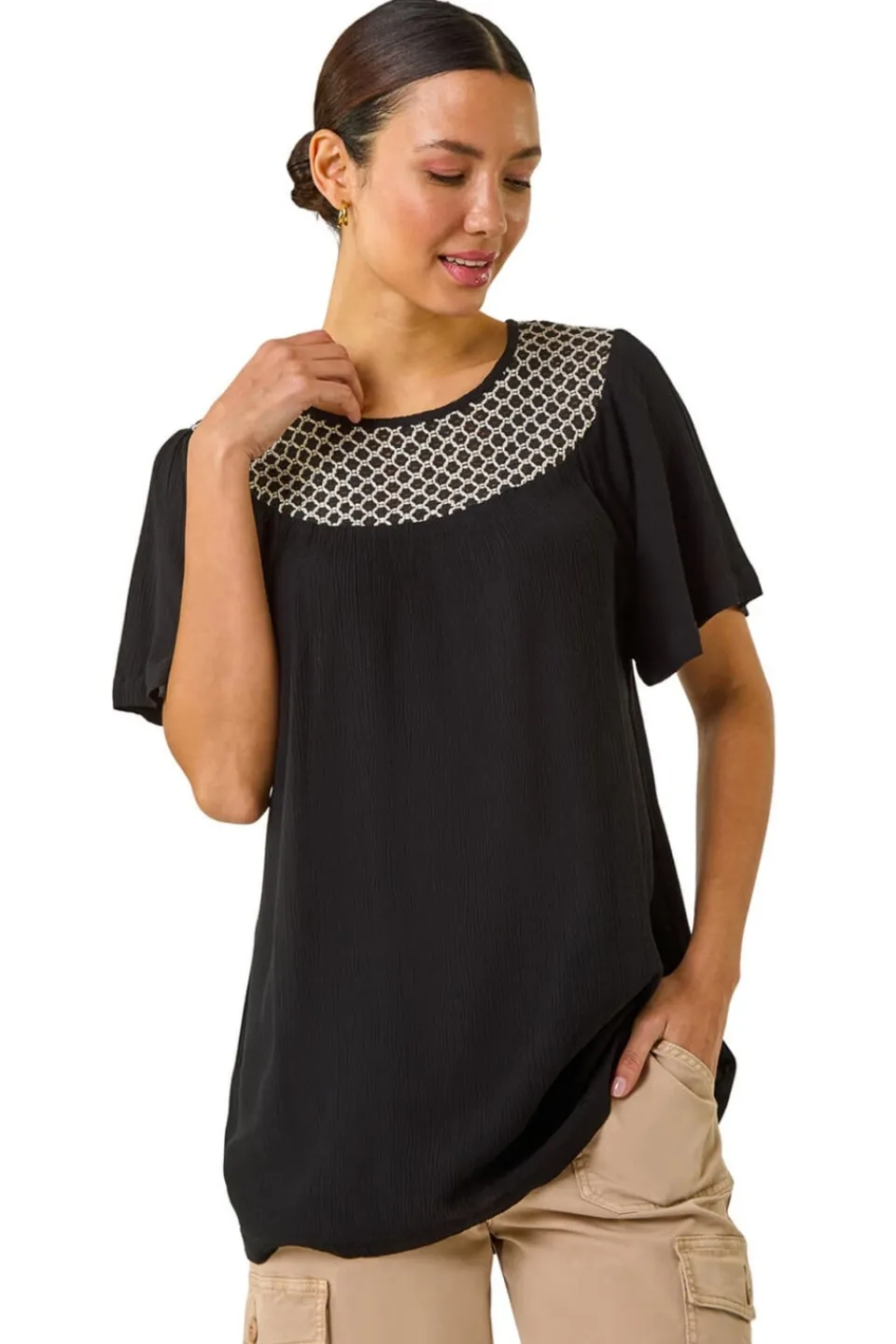 T-Shirts>Roman Black Mono Print Crochet Neck Top