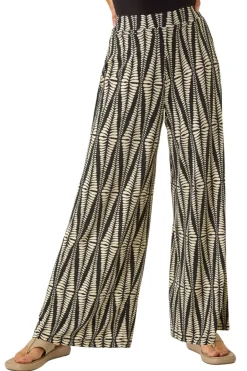 Trousers>Roman Black Mono Print Wide Leg Stretch Trouser