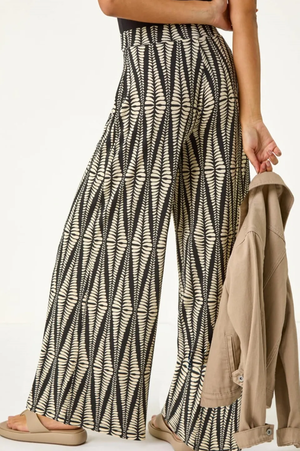 Trousers>Roman Black Mono Print Wide Leg Stretch Trouser