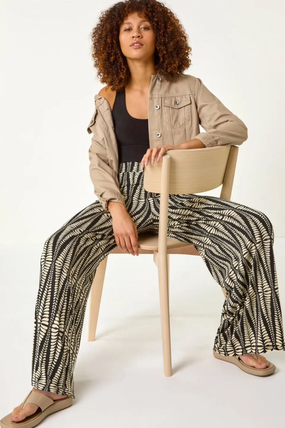 Trousers>Roman Black Mono Print Wide Leg Stretch Trouser
