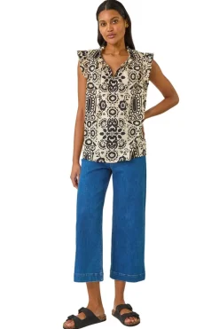 Tops>Roman Black Mono Printed Frill Sleeve Top