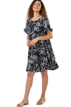 Dresses>Roman Black Paisley Floral Tiered Smock Dress
