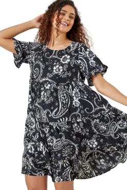 Dresses>Roman Black  Paisley Floral Tiered Smock Dress