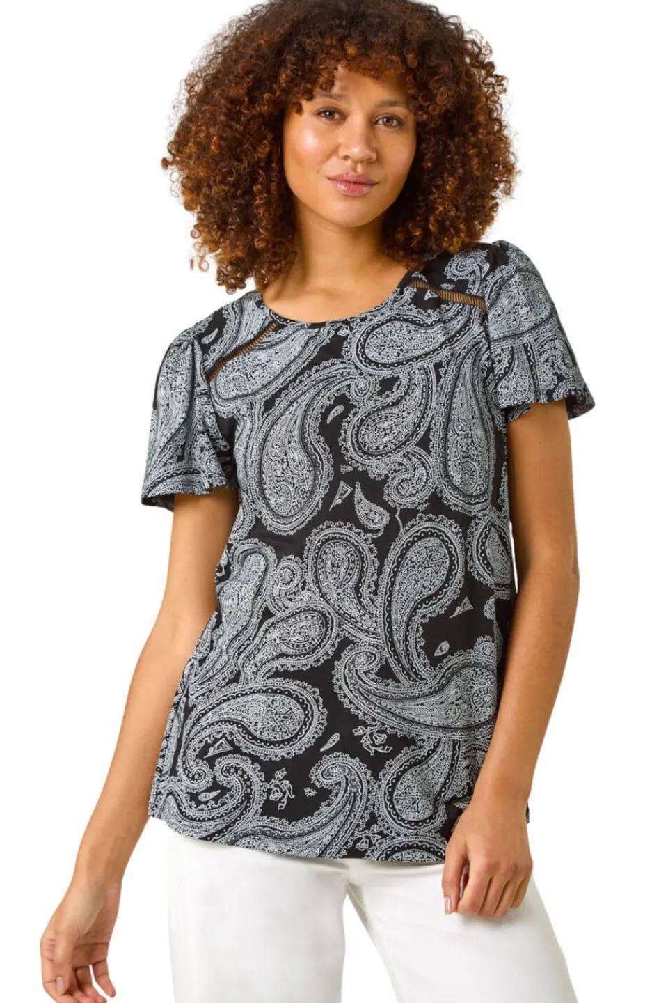 Tops>Roman Black Paisley Print Ladder Trim Top