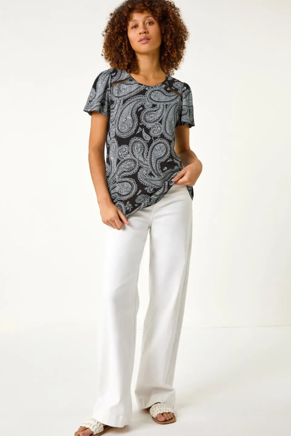 Tops>Roman Black Paisley Print Ladder Trim Top