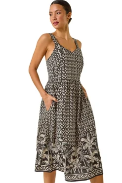 Dresses>Roman Black Palm Border Print Midi Sundress