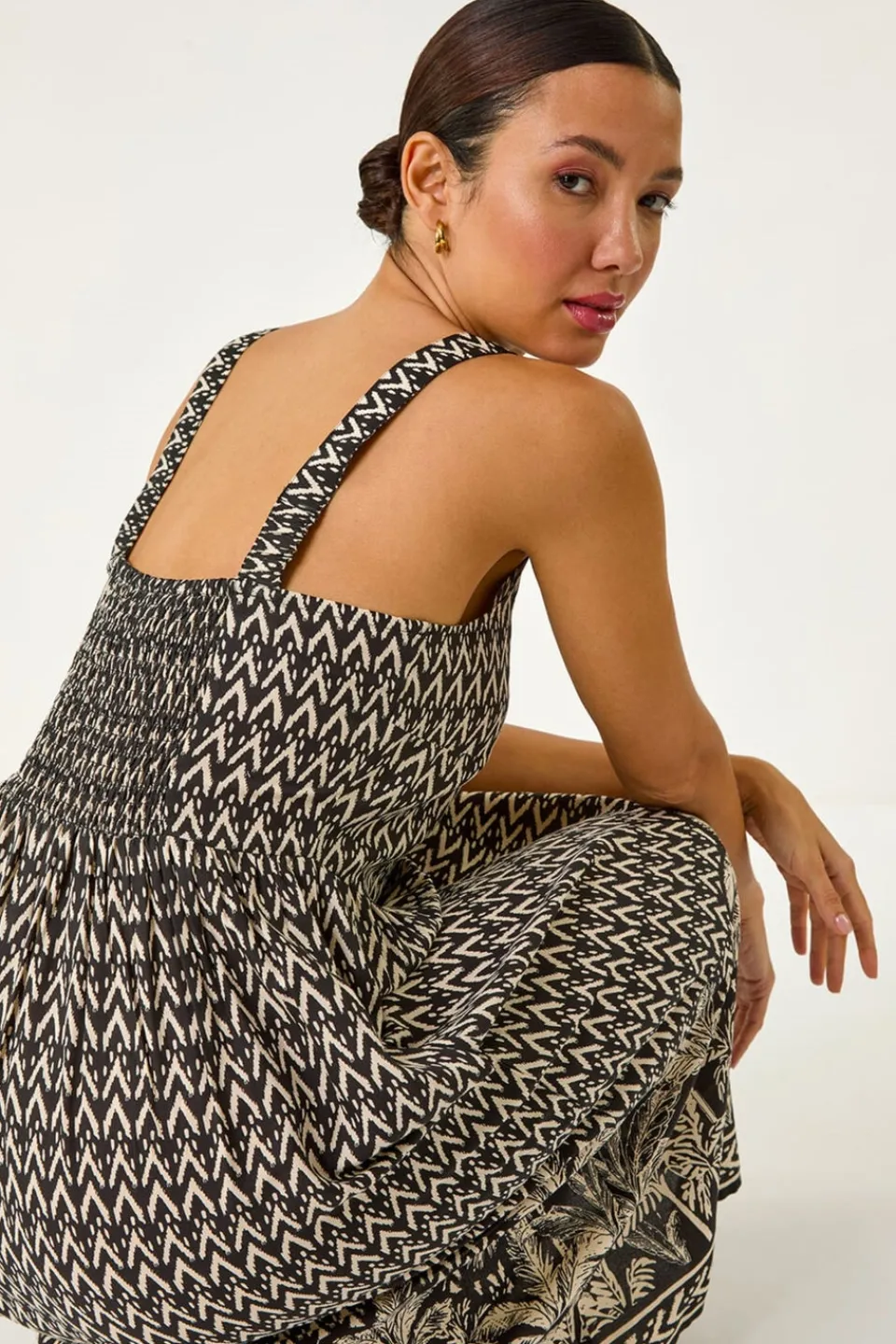Dresses>Roman Black Palm Border Print Midi Sundress