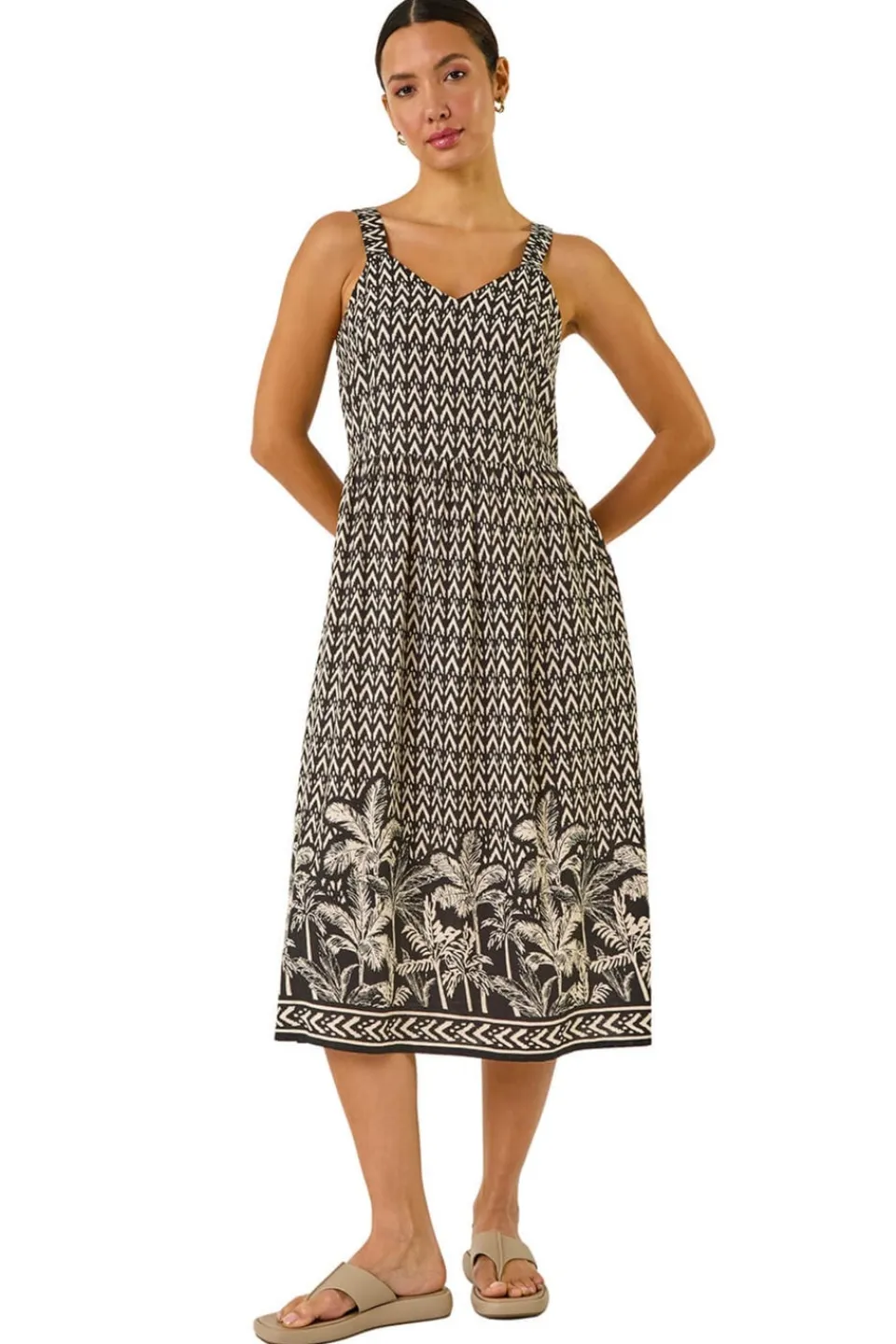 Dresses>Roman Black Palm Border Print Midi Sundress