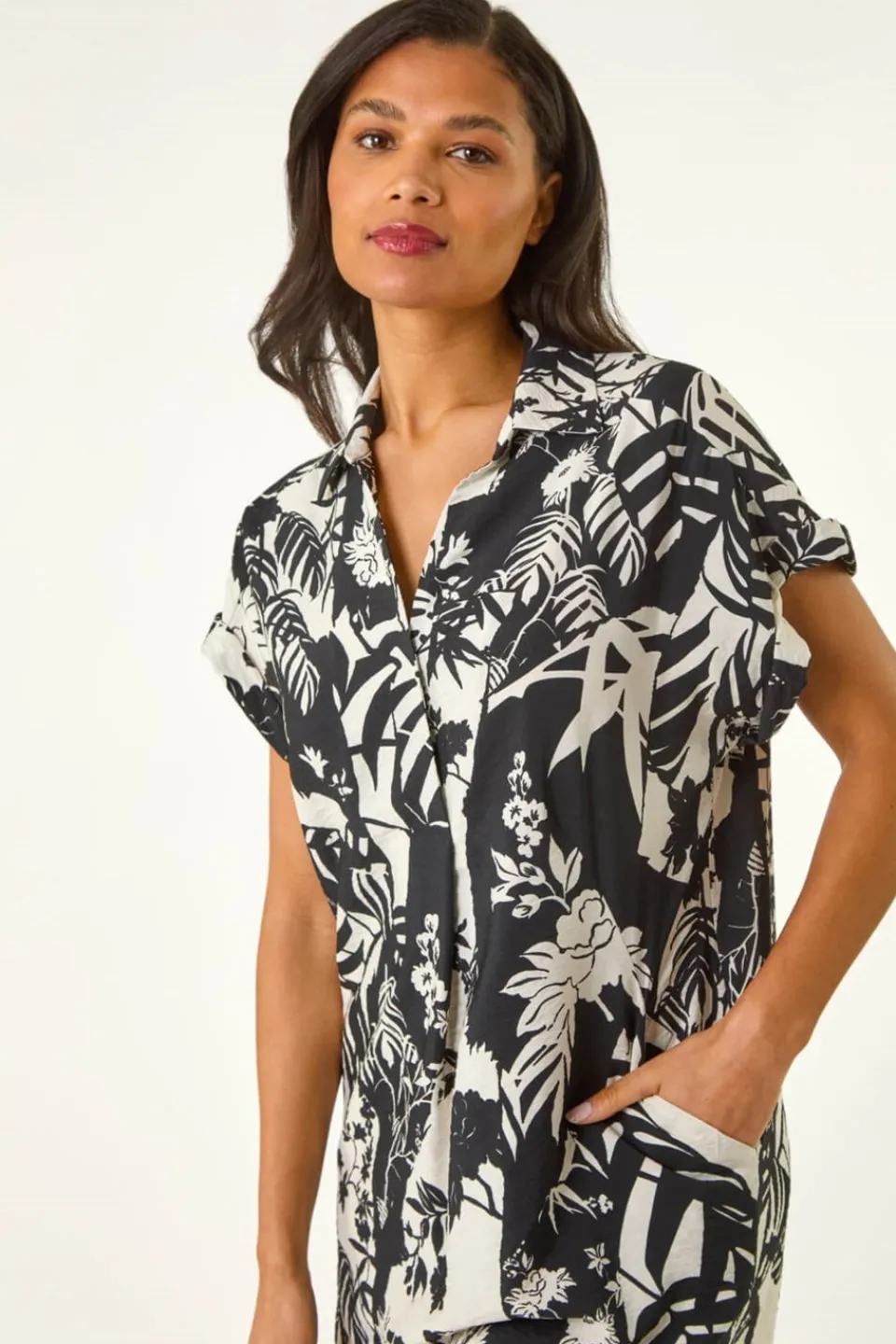Dresses>Roman Black Palm Print Cocoon Dress