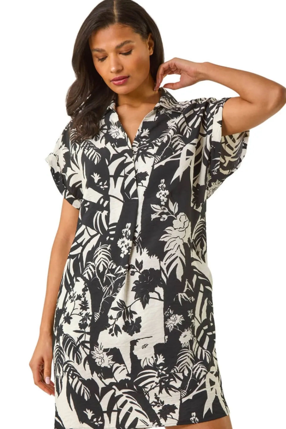 Dresses>Roman Black Palm Print Cocoon Dress