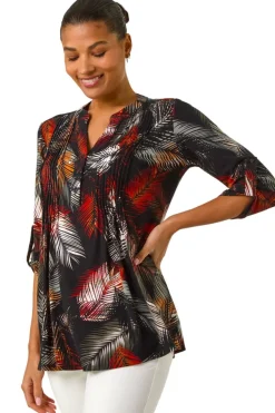 Tops>Roman Black Palm Print Pintuck Stretch Shirt