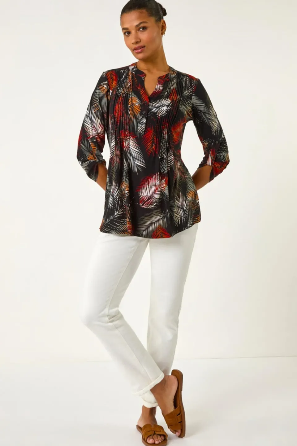 Tops>Roman Black Palm Print Pintuck Stretch Shirt