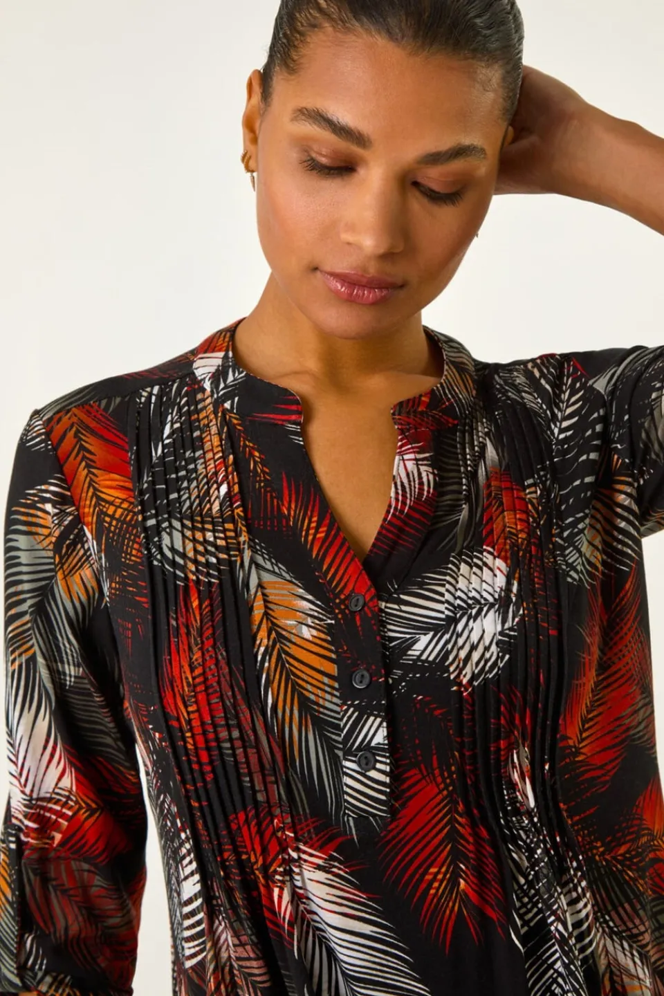 Tops>Roman Black Palm Print Pintuck Stretch Shirt