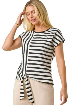 Tops>Roman Black Petite Block Striped Tie Side Top