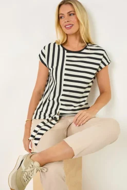 Tops>Roman Black Petite Block Striped Tie Side Top