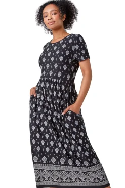 Dresses>Roman Black Petite Border Print Stretch Midi Dress