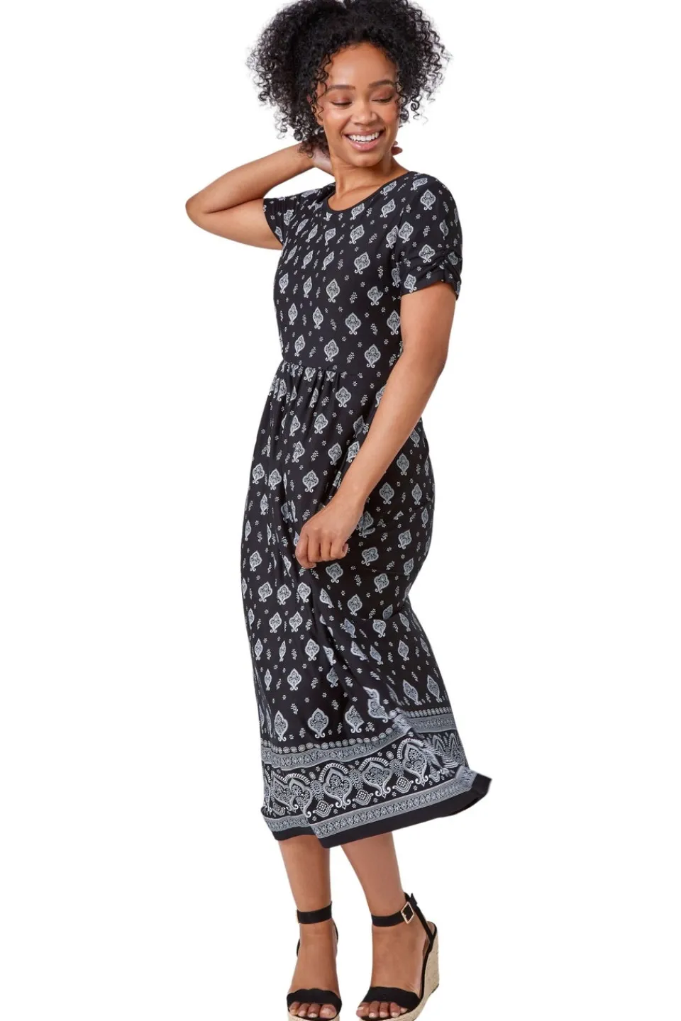 Dresses>Roman Black Petite Border Print Stretch Midi Dress