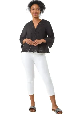 Tops>Roman Black Petite Broderie Scallop Blouse