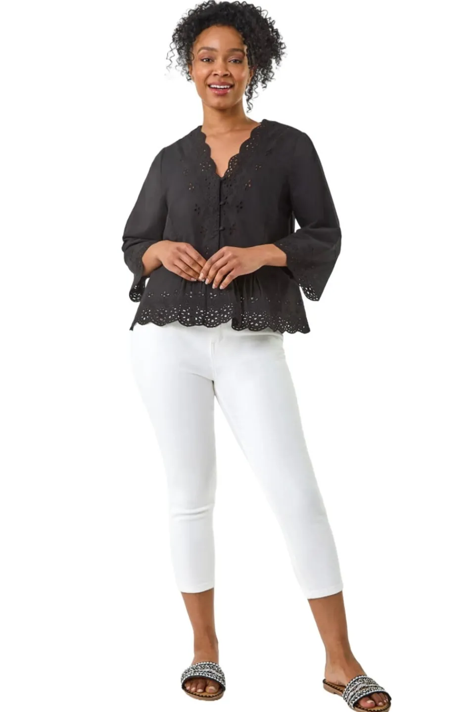 Tops>Roman Black Petite Broderie Scallop Blouse