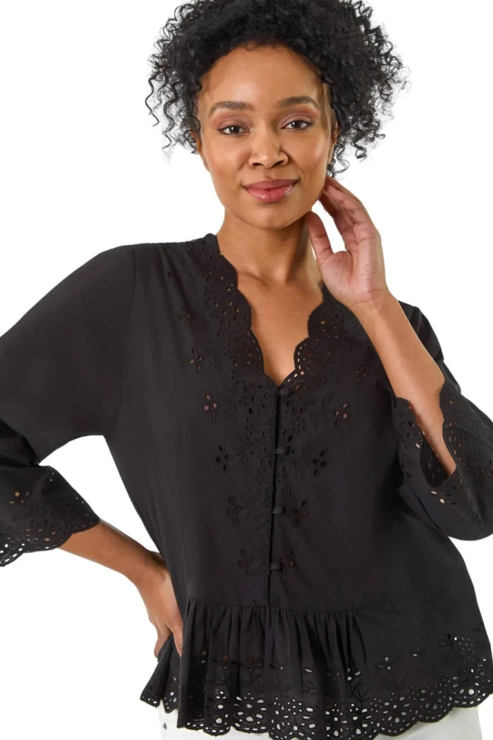 Tops>Roman Black Petite Broderie Scallop Blouse