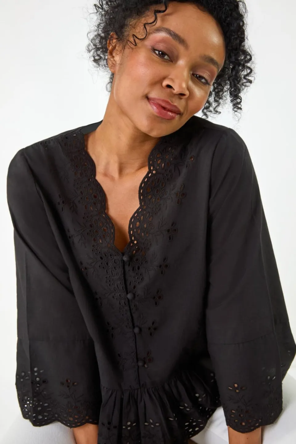 Tops>Roman Black Petite Broderie Scallop Blouse