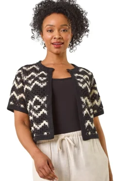 Knitwear>Roman Black Petite Chevron Open Crochet Cardigan