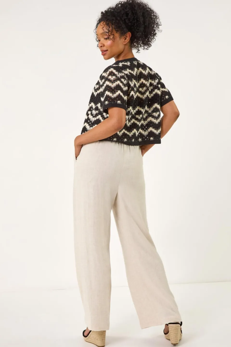 Knitwear>Roman Black Petite Chevron Open Crochet Cardigan