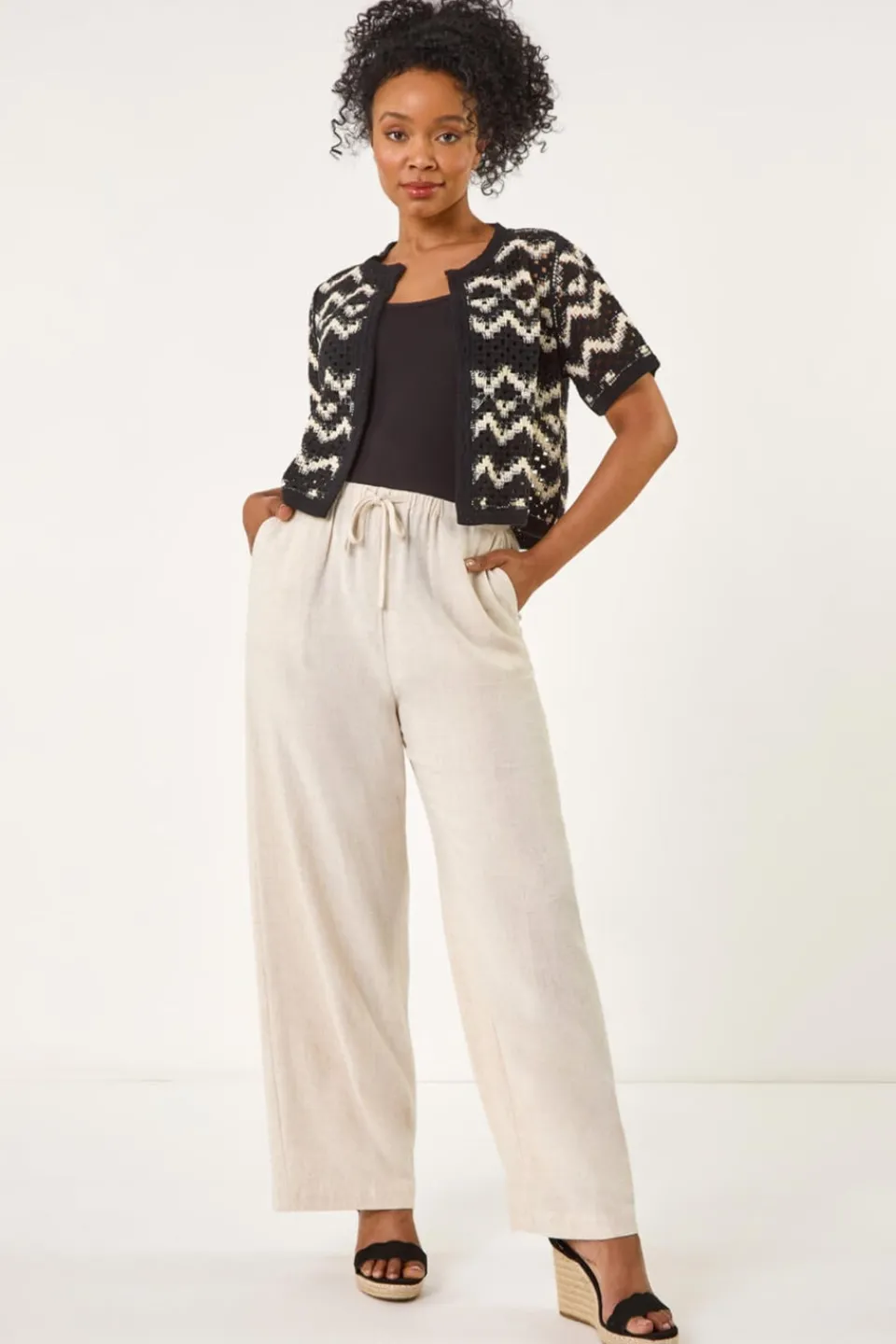 Knitwear>Roman Black Petite Chevron Open Crochet Cardigan