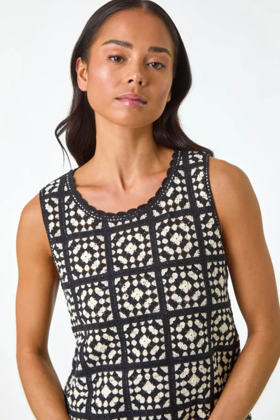 Tops>Roman Black Petite Crochet Patchwork Top
