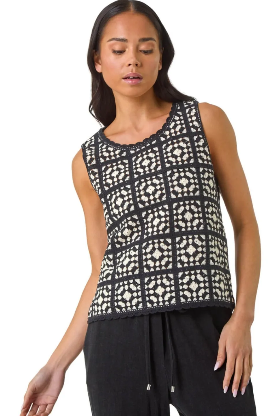 Tops>Roman Black Petite Crochet Patchwork Top