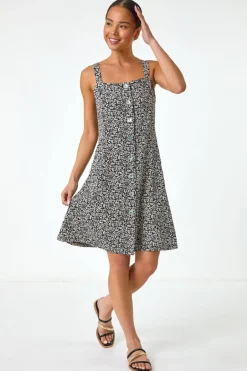 Dresses>Roman Black Petite Floral Ditsy Button Dress