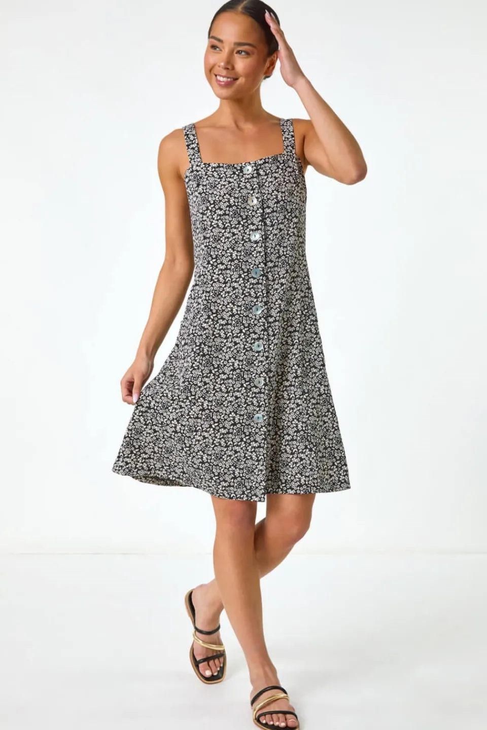 Dresses>Roman Black Petite Floral Ditsy Button Dress