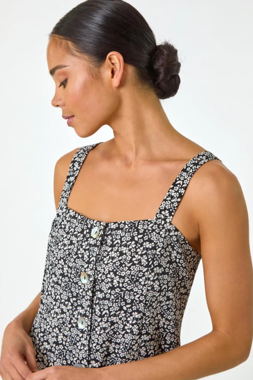 Dresses>Roman Black Petite Floral Ditsy Button Dress
