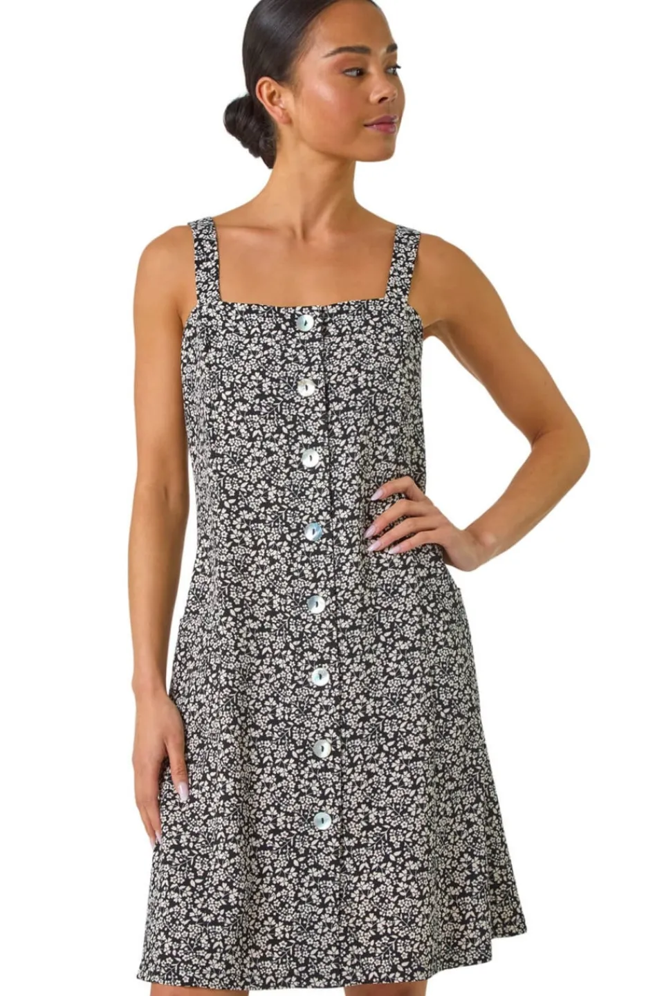 Dresses>Roman Black Petite Floral Ditsy Button Dress