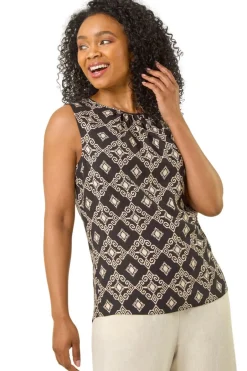 Tops>Roman Black Petite Geometric Gathered Shell Top