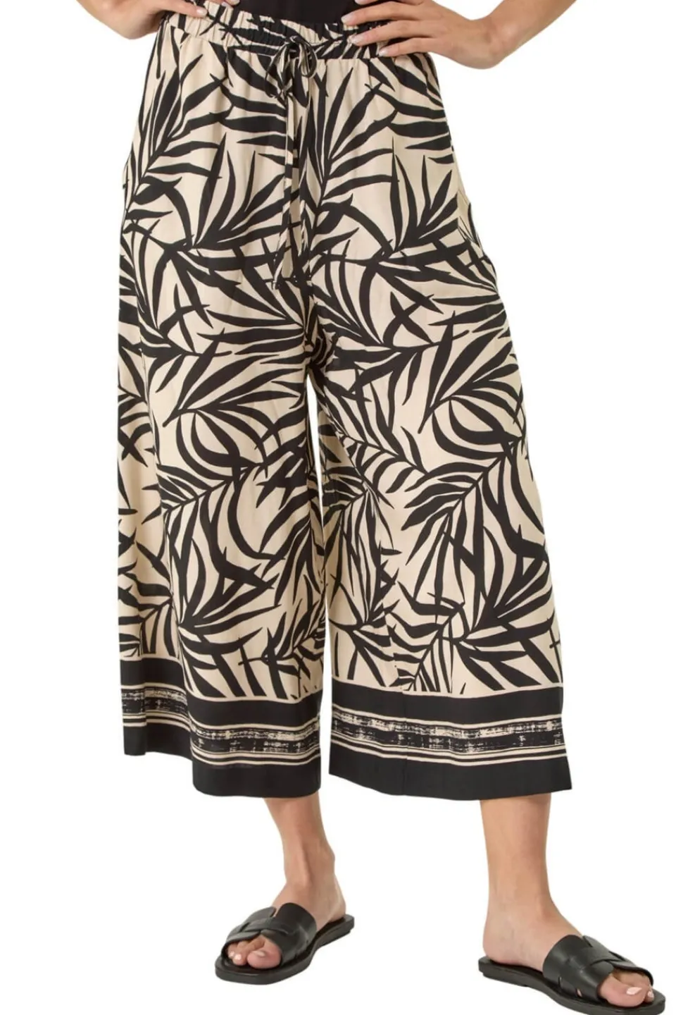 Trousers>Roman Black Petite Leaf Border Print Tie Waist Culottes