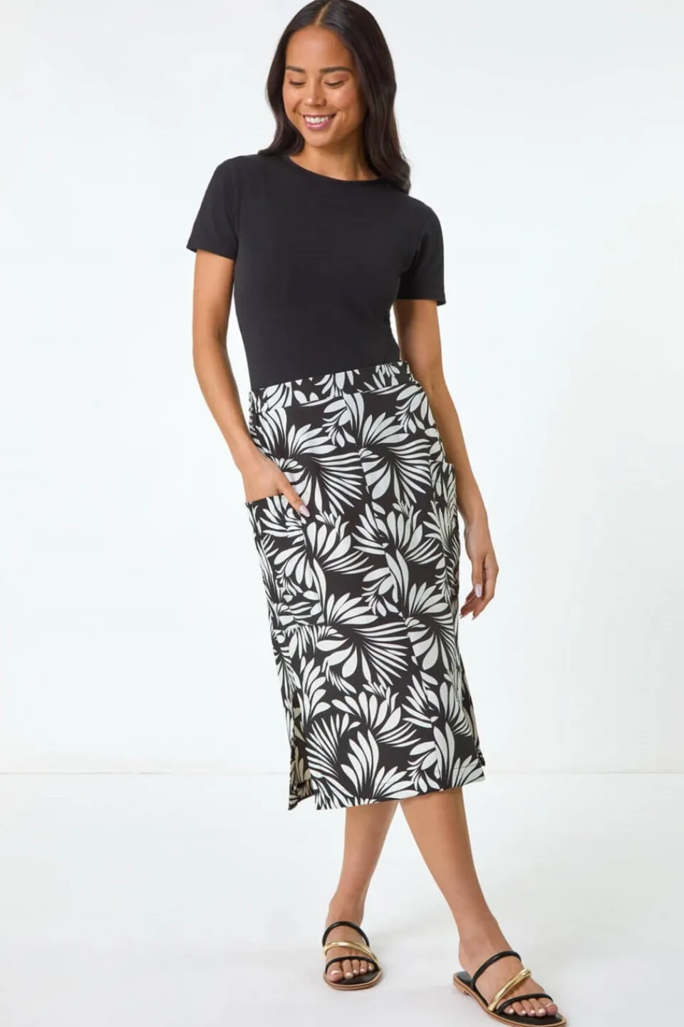 Skirts>Roman Black Petite Leaf Print Linen Midi Skirt