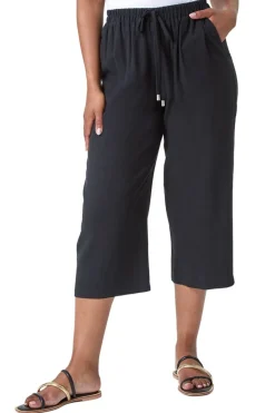 Trousers>Roman Black Petite Linen Mix Wide Cropped Trousers