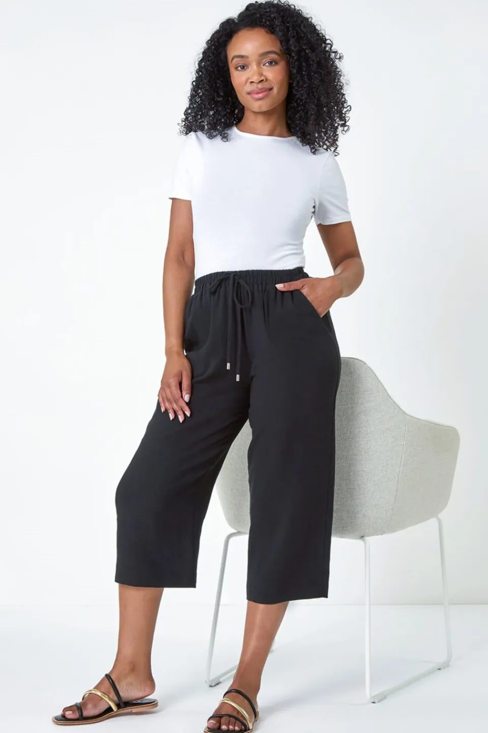 Trousers>Roman Black Petite Linen Mix Wide Cropped Trousers