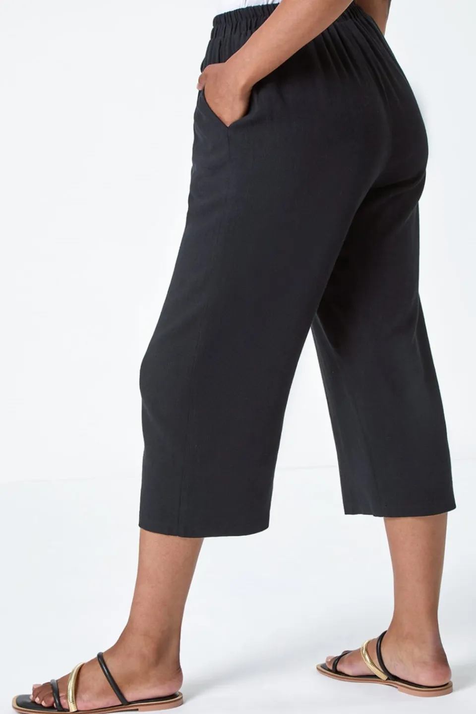 Trousers>Roman Black Petite Linen Mix Wide Cropped Trousers