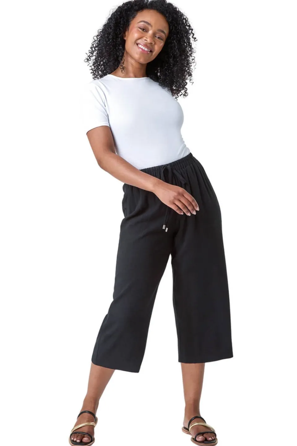 Trousers>Roman Black Petite Linen Mix Wide Cropped Trousers
