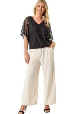 Tops>Roman Black Petite Mesh V-Neck Blouson Top