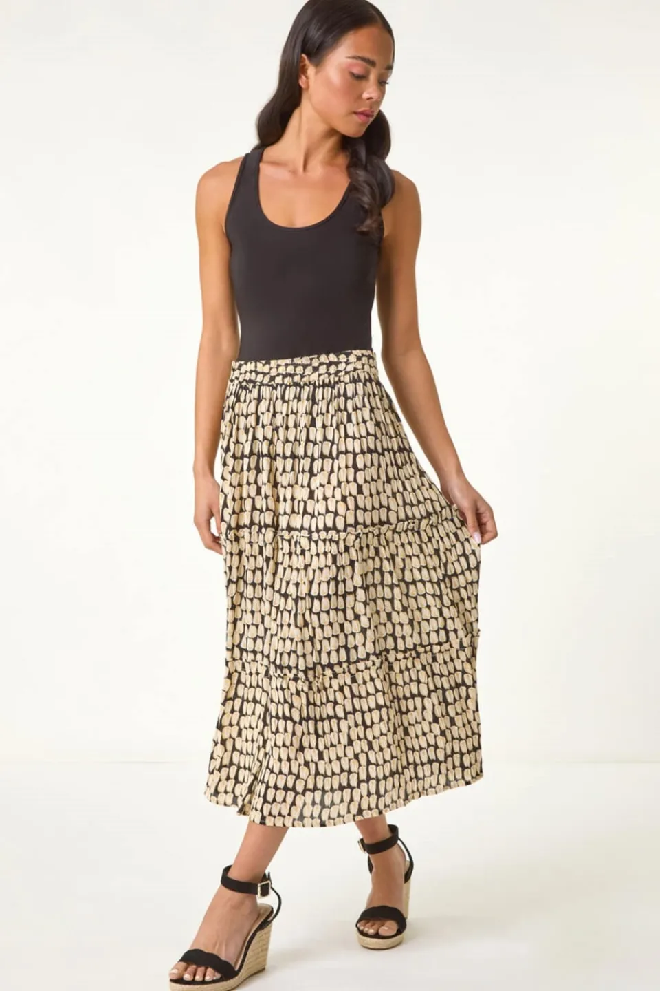 Skirts>Roman Black Petite Printed Tiered Skirt