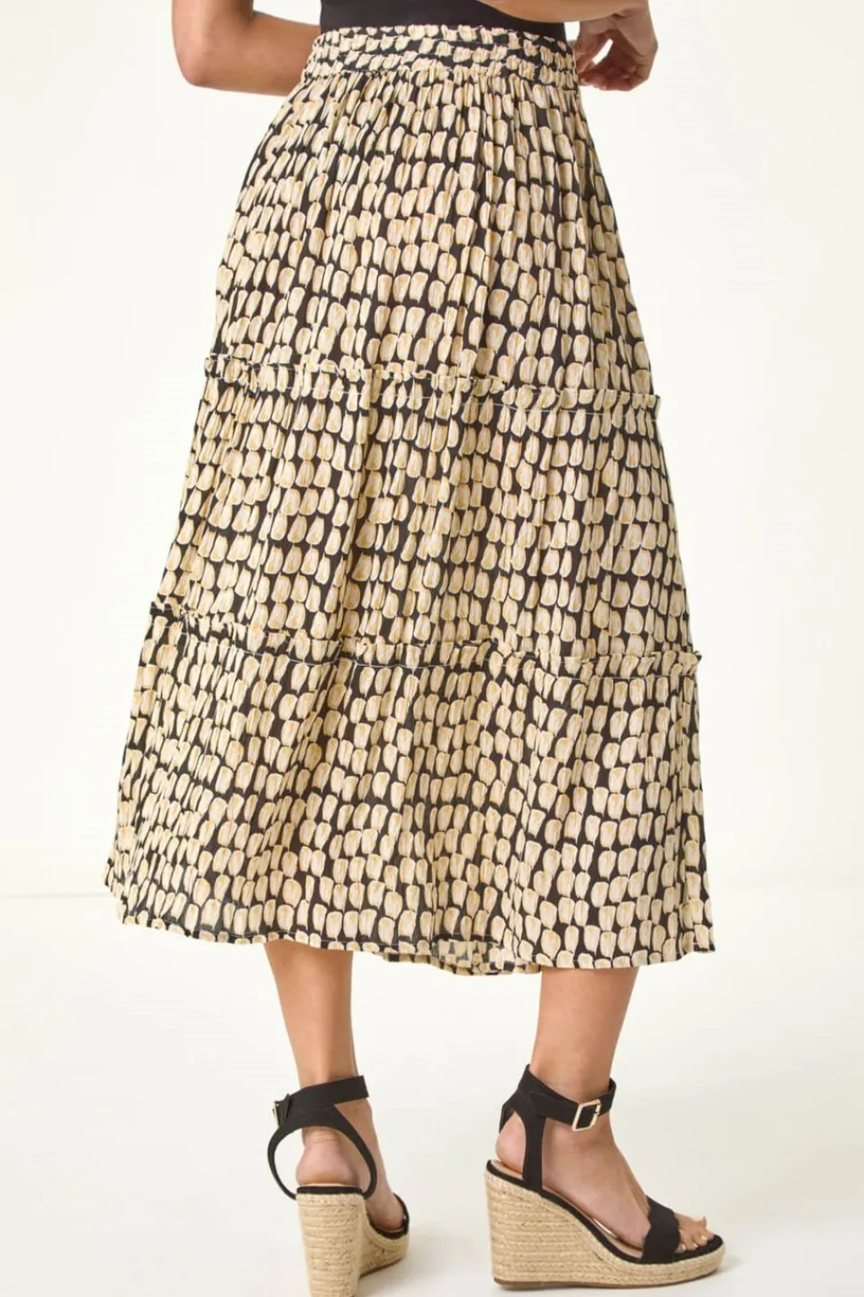 Skirts>Roman Black Petite Printed Tiered Skirt