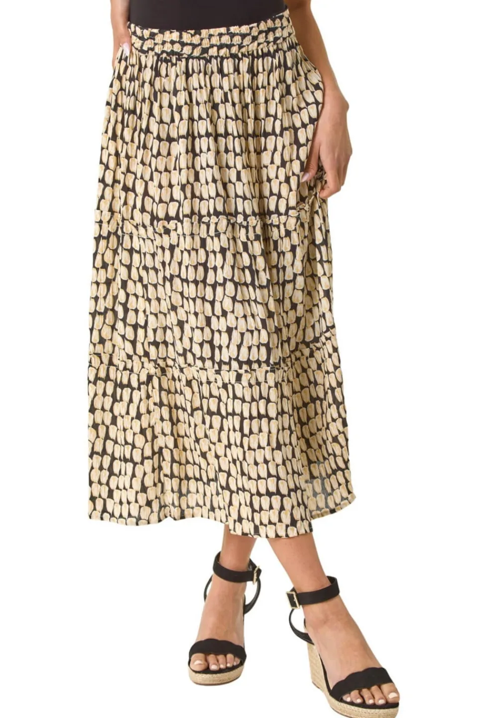 Skirts>Roman Black Petite Printed Tiered Skirt