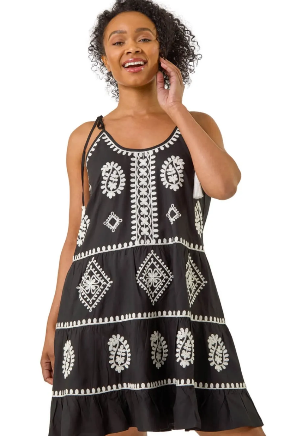 Dresses>Roman Black Petite Strappy Trim Detail Tiered Dress