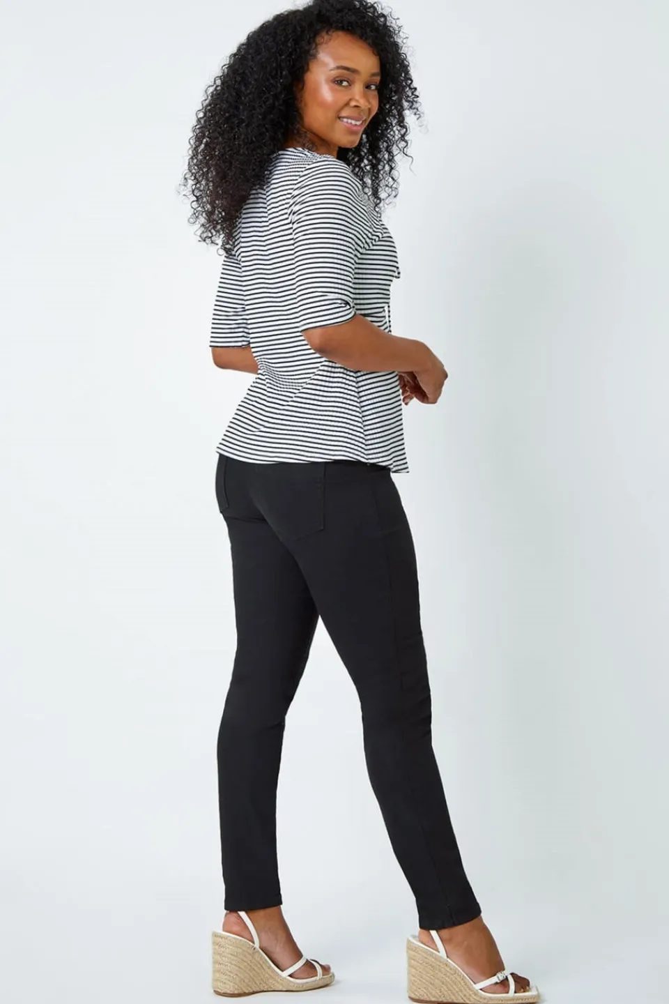 T-Shirts>Roman Black Petite Stripe Ruched V-Neck Stretch Top