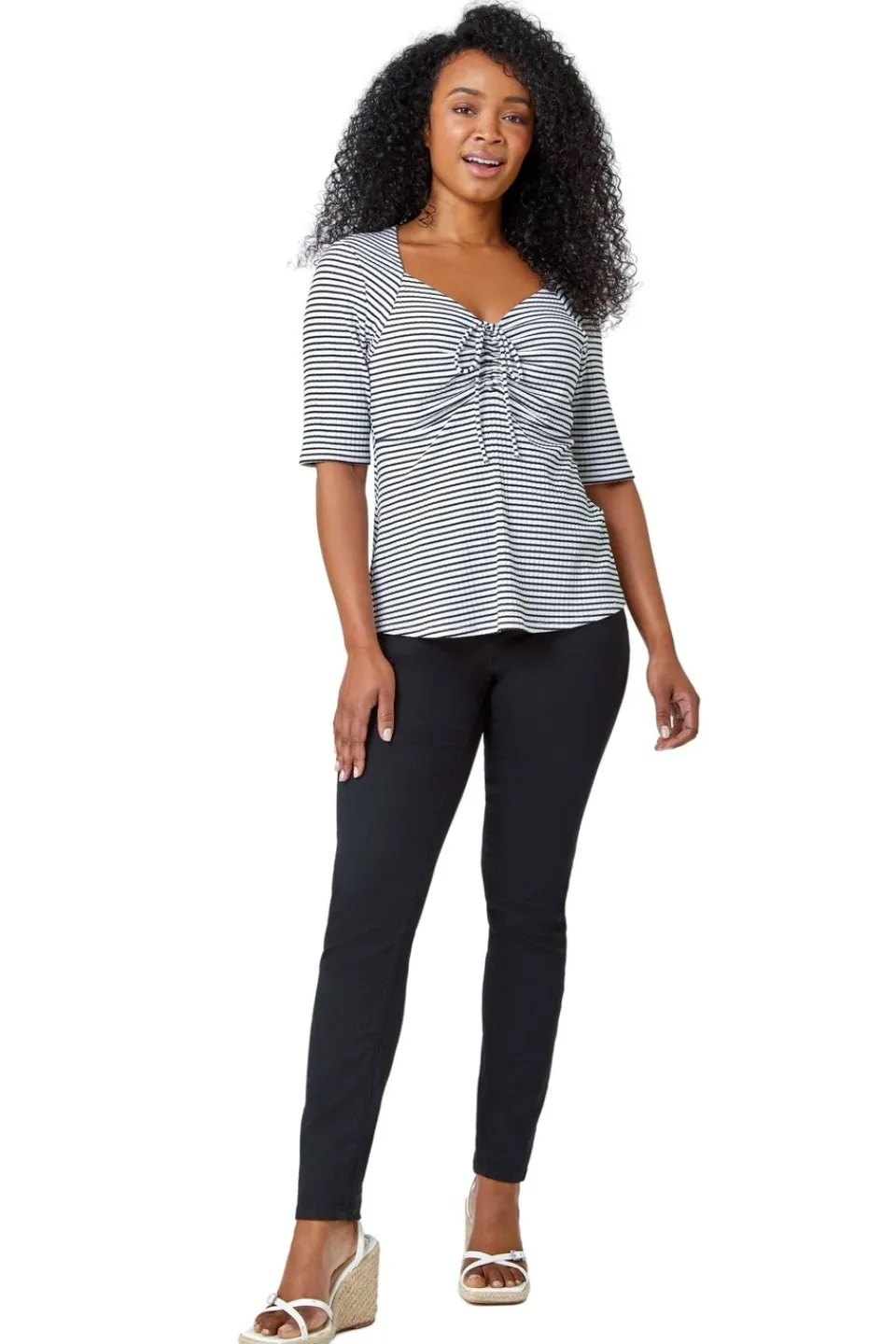 T-Shirts>Roman Black Petite Stripe Ruched V-Neck Stretch Top