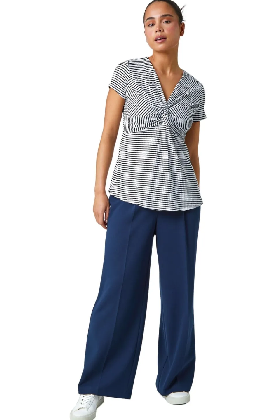 Tops>Roman Black Petite Stripe Twist Soft V-Neck Stretch Top
